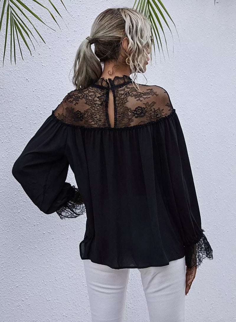 Contrast Eye Lace Flounce Sleeve Blouse  - Image 2