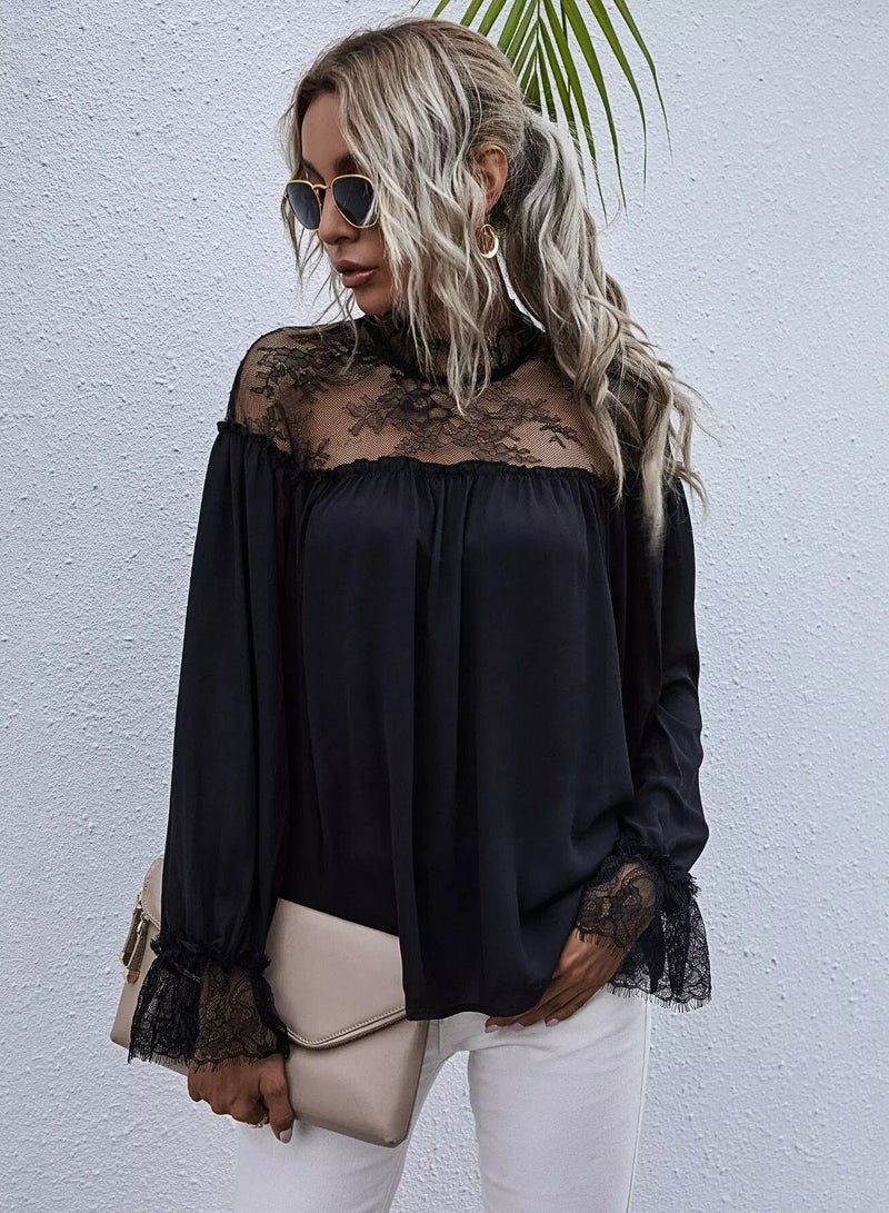 Contrast Eye Lace Flounce Sleeve Blouse  - Image 5