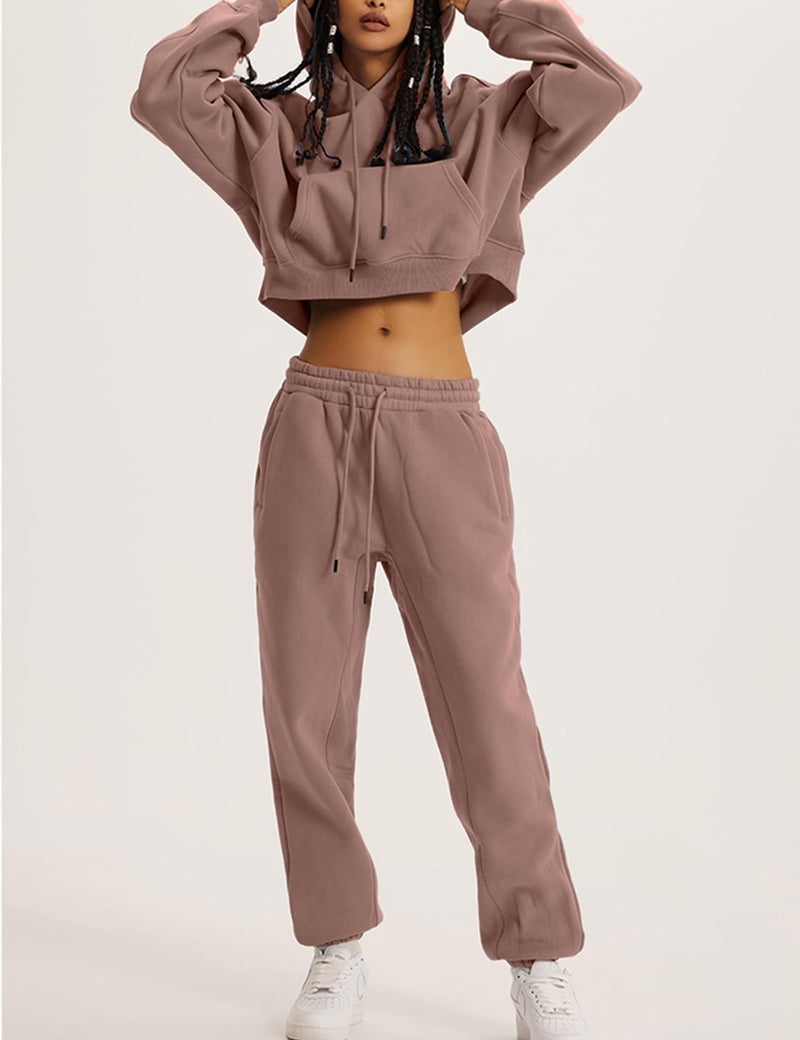 Flygo Womens Fleece 2 Piece Outfits Sweatsuit Crop Pullover Sweatshirt Joggers Pants Tracksuit Set(Rust-XL) - Image 5