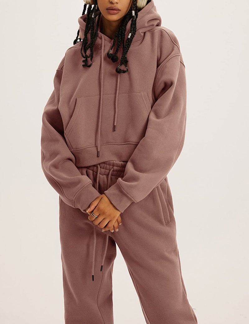 Flygo Womens Fleece 2 Piece Outfits Sweatsuit Crop Pullover Sweatshirt Joggers Pants Tracksuit Set(Rust-XL) - Image 3