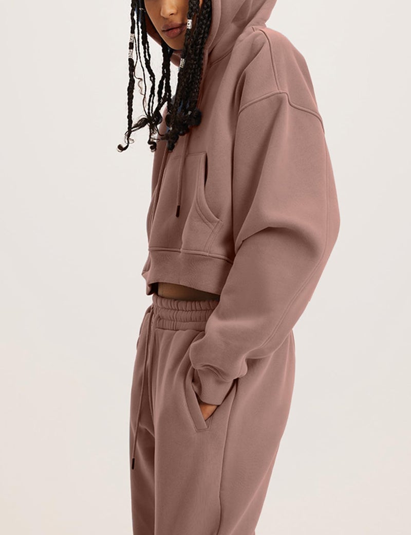 Flygo Womens Fleece 2 Piece Outfits Sweatsuit Crop Pullover Sweatshirt Joggers Pants Tracksuit Set(Rust-XL) - Image 4