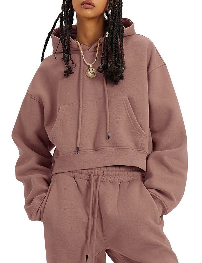 Flygo Womens Fleece 2 Piece Outfits Sweatsuit Crop Pullover Sweatshirt Joggers Pants Tracksuit Set(Rust-XL) - Image 1