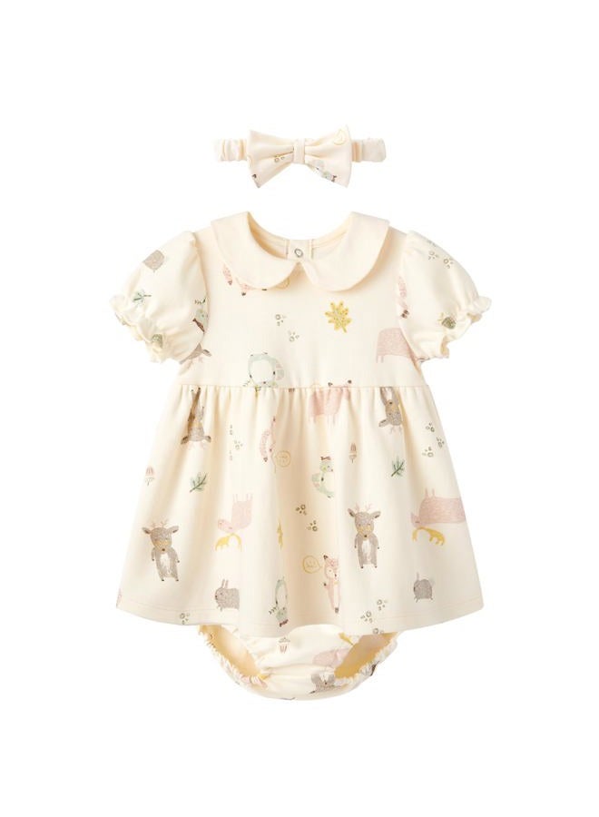PureBorn Baby Toddler Girl Dress with Bloomer Short and Long Sleeve Playwear Dress with Diaper Cover, Animals Forest Beige, 12-18 Months - Image 1