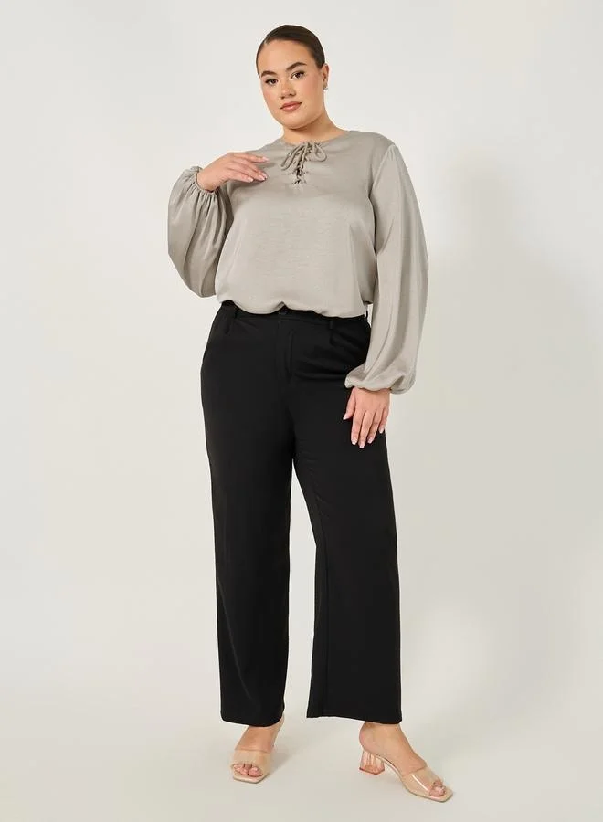 Styli Plus Size Balloon Sleeve Blouse with Tie Up Neck Detail