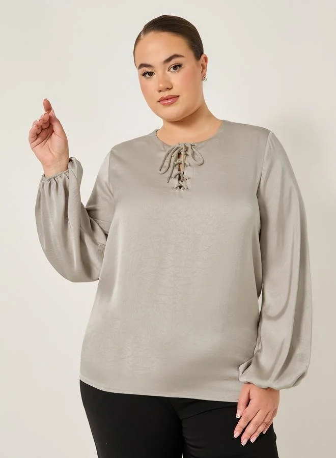 Styli Plus Size Balloon Sleeve Blouse with Tie Up Neck Detail