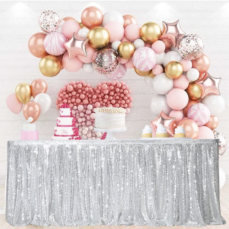 PartyDelight 6ft Silver Sequin Table Skirt for Round/Rectangle/Square Table for Birthday Party Wedding Christmas. - Image 1