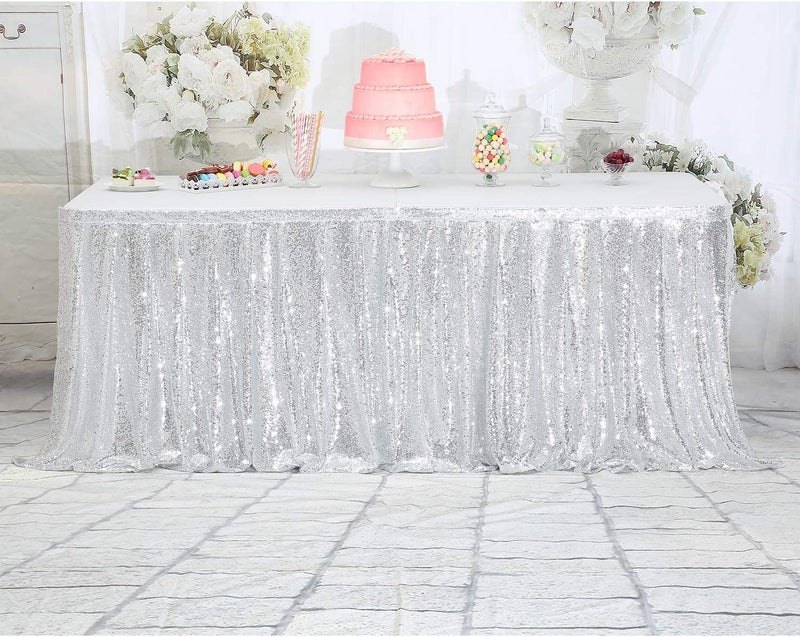 PartyDelight 6ft Silver Sequin Table Skirt for Round/Rectangle/Square Table for Birthday Party Wedding Christmas. - Image 3