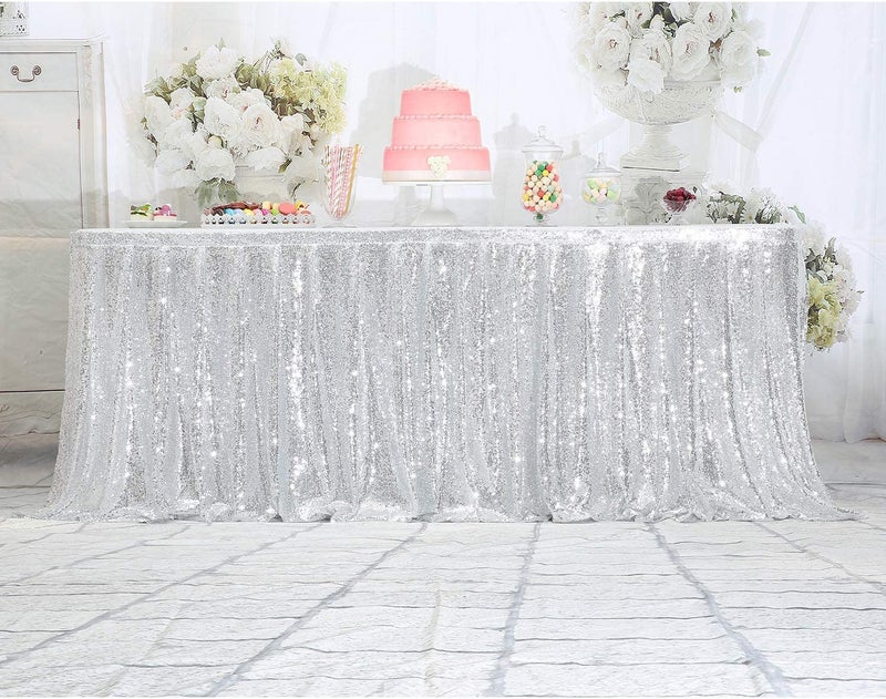 PartyDelight 6ft Silver Sequin Table Skirt for Round/Rectangle/Square Table for Birthday Party Wedding Christmas. - Image 2