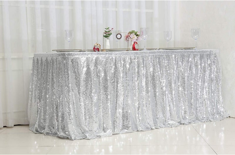 PartyDelight 6ft Silver Sequin Table Skirt for Round/Rectangle/Square Table for Birthday Party Wedding Christmas. - Image 4