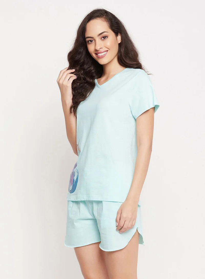 Clovia  Clovia Capricorn Print Top And Shorts Set In Sky Blue - 100% Cotton  | Best Price UAE