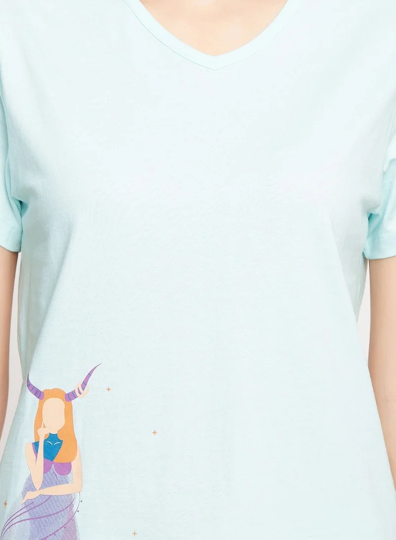 Clovia  Clovia Capricorn Print Top And Shorts Set In Sky Blue - 100% Cotton  | Best Price UAE