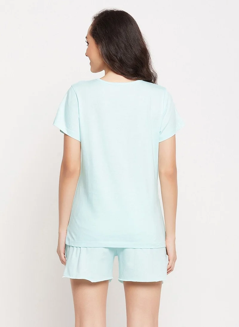 Clovia  Clovia Capricorn Print Top And Shorts Set In Sky Blue - 100% Cotton  | Best Price UAE