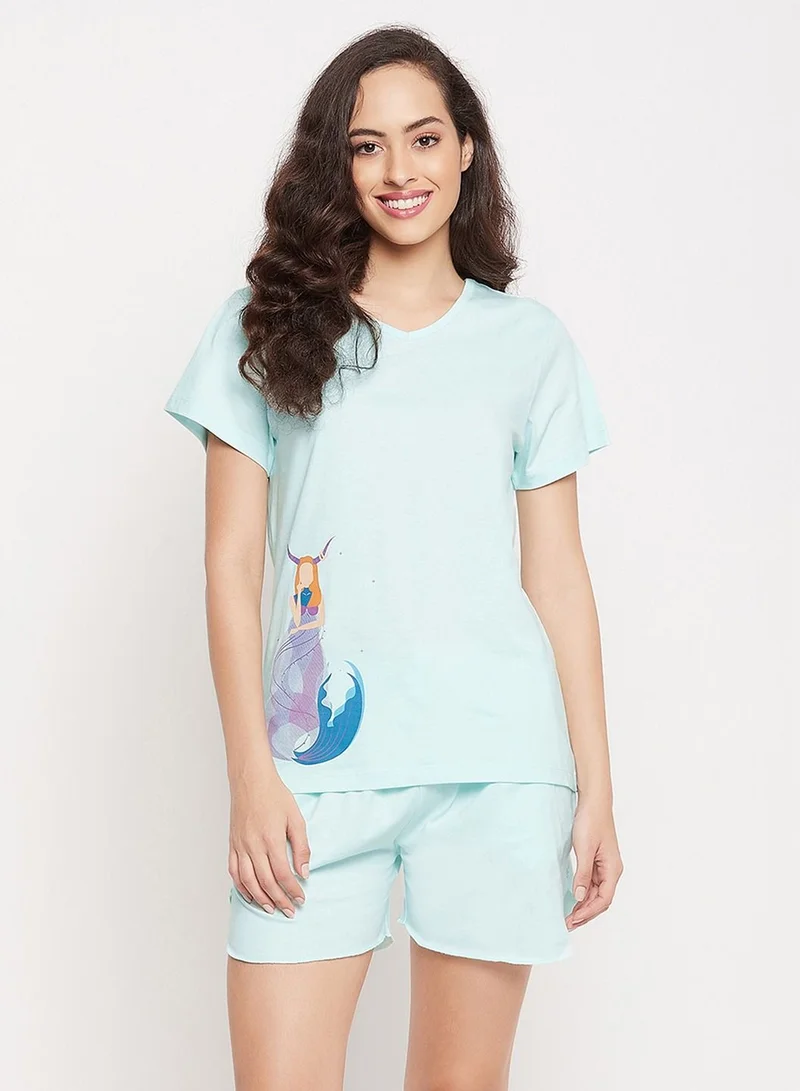 Clovia  Clovia Capricorn Print Top And Shorts Set In Sky Blue - 100% Cotton  | Best Price UAE
