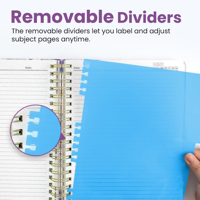 Taja Large Spiral Lined Notebooks for Work with Removable Dividers & Tabs, 8.5"x11" Pretty Hardcover 5 Subject Notebook Journal for Women, College Ruled, Perfect for Study & Office Organization, 280 Pages,Purple Blocks - Image 4