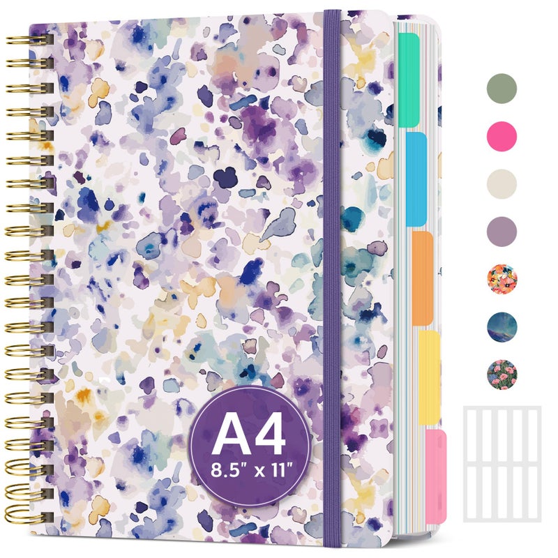 Taja Large Spiral Lined Notebooks for Work with Removable Dividers & Tabs, 8.5"x11" Pretty Hardcover 5 Subject Notebook Journal for Women, College Ruled, Perfect for Study & Office Organization, 280 Pages,Purple Blocks - Image 1