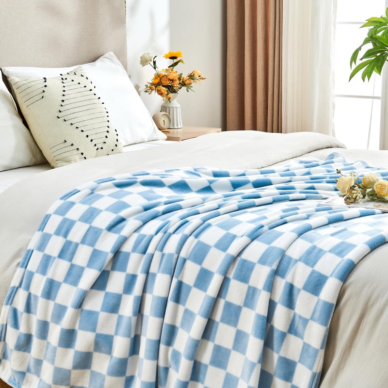 Edenleaf Checkered Blanket Flannel Throw Blankets Soft Cozy Checkered Grid Print Chessboard Gingham Pattern Throws for Bed Sofa Couch for All Seasons, 50x60 Inch, Blue - Image 4