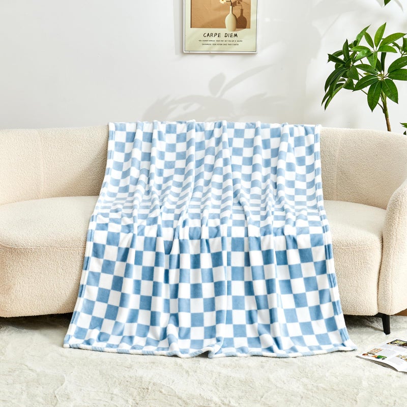Edenleaf Checkered Blanket Flannel Throw Blankets Soft Cozy Checkered Grid Print Chessboard Gingham Pattern Throws for Bed Sofa Couch for All Seasons, 50x60 Inch, Blue - Image 3