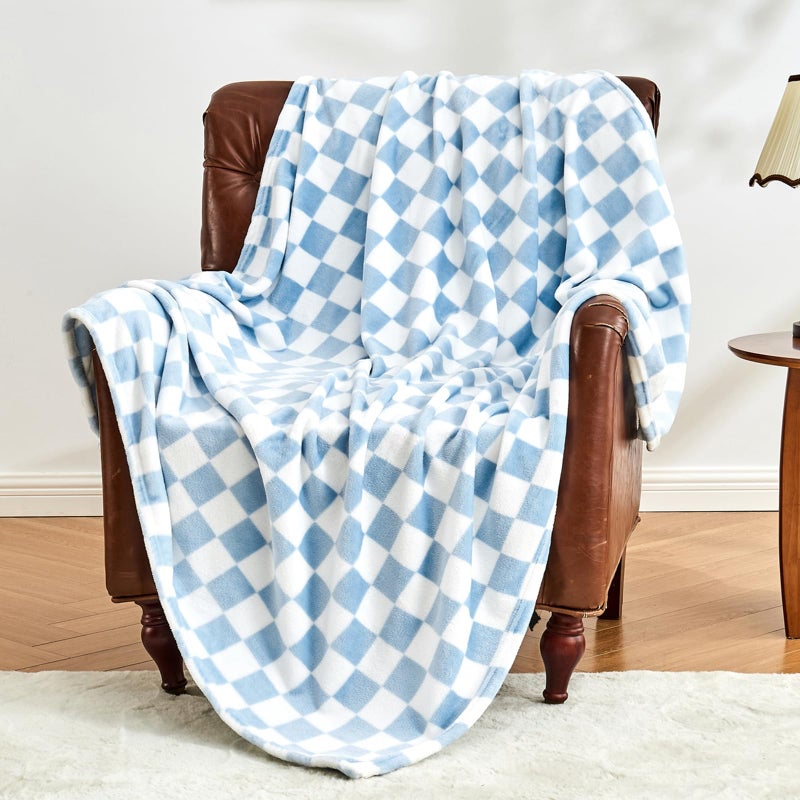 Edenleaf Checkered Blanket Flannel Throw Blankets Soft Cozy Checkered Grid Print Chessboard Gingham Pattern Throws for Bed Sofa Couch for All Seasons, 50x60 Inch, Blue - Image 1