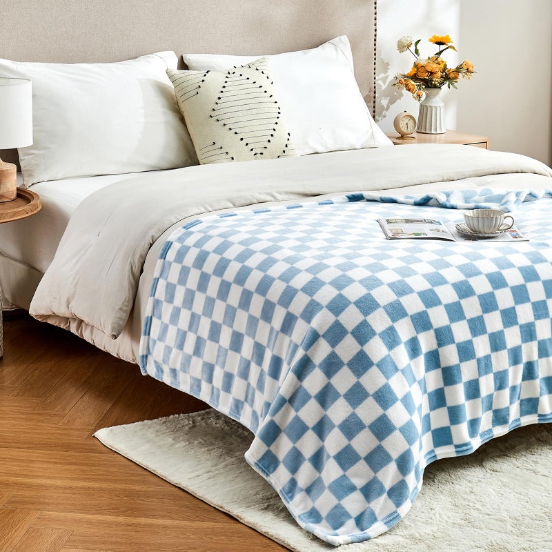 Edenleaf Checkered Blanket Flannel Throw Blankets Soft Cozy Checkered Grid Print Chessboard Gingham Pattern Throws for Bed Sofa Couch for All Seasons, 50x60 Inch, Blue - Image 5