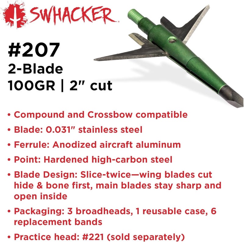 Swhacker Store #207 Broadheads, 100 Grain, 2.0″ Cut, Green, 3-Pack | 2-Blade Hunting Broadheads with Practice-Ready Accuracy - Image 4
