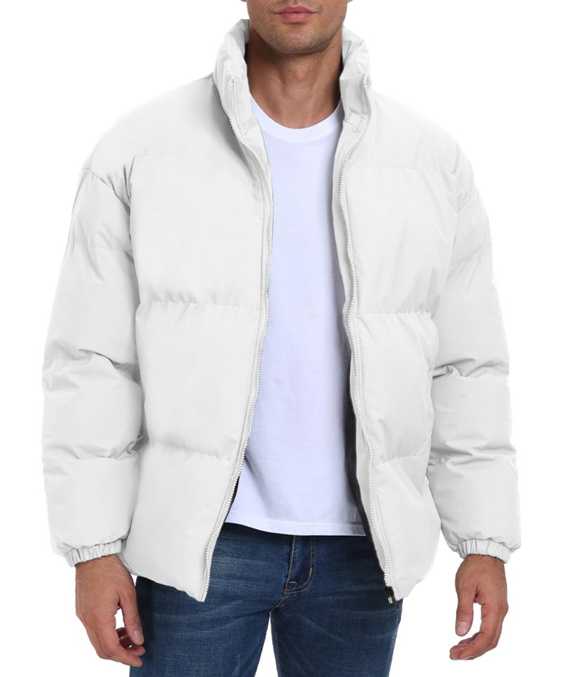 PEGENO Mens Winter Padded Jacket Full Zipper Bread Jacket Stand Collar Windproof Coat,White,XL - Image 1