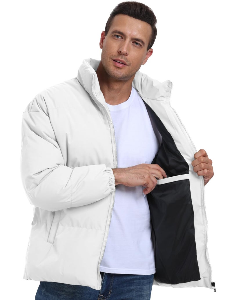 PEGENO Mens Winter Padded Jacket Full Zipper Bread Jacket Stand Collar Windproof Coat,White,XL - Image 3