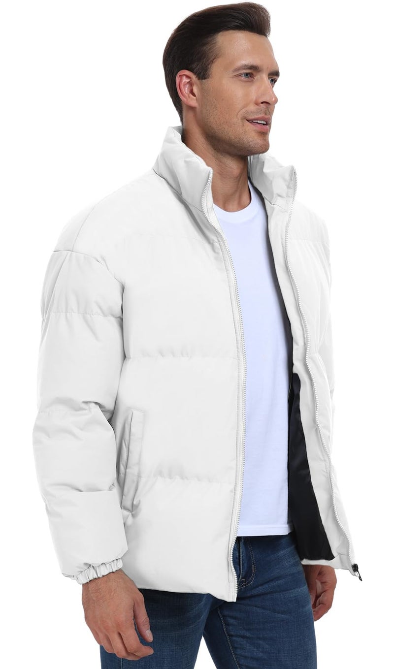 PEGENO Mens Winter Padded Jacket Full Zipper Bread Jacket Stand Collar Windproof Coat,White,XL - Image 2