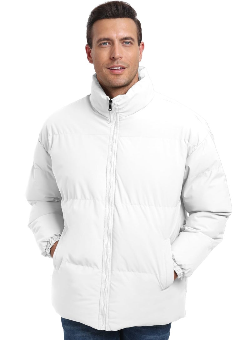 PEGENO Mens Winter Padded Jacket Full Zipper Bread Jacket Stand Collar Windproof Coat,White,XL - Image 4