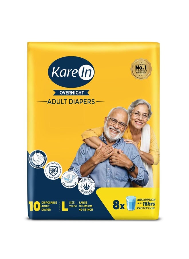 Karein Overnight Adult Diaper Tape L Size, Large, Waist  10 Unit, Long Protection Hour, Unisex, Quick & Even Absorption, Aloe Vera, Leakproof, Odour Control, Wetness Indicator - Image 1