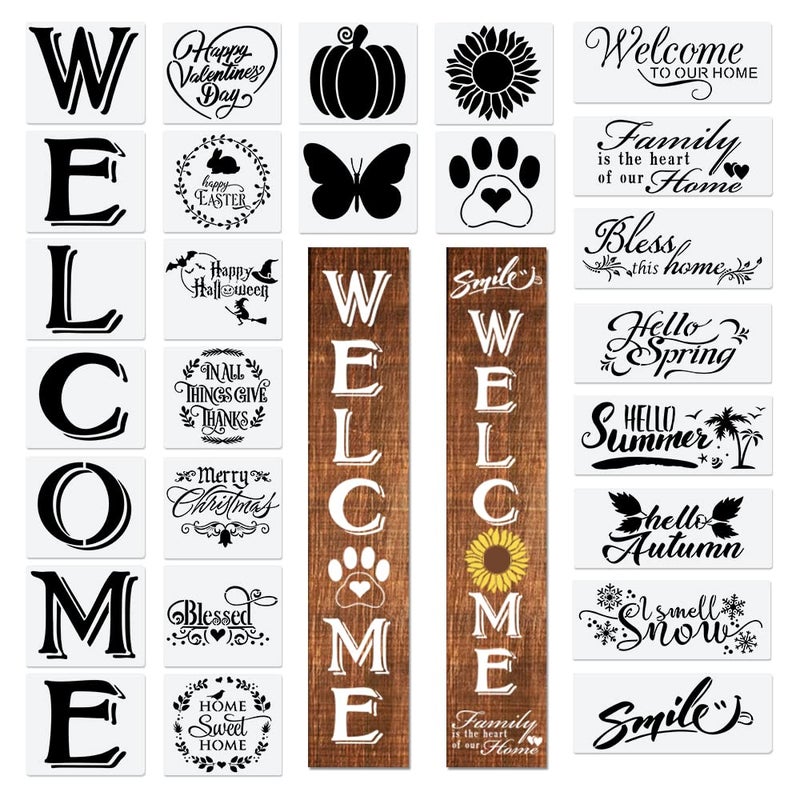 Welcome Letter Stencils for Painting on Wood Canvas and More  Reusable Large Alphabet Calligraphy Font for Home and Front Door Porch or Outside Decoration Fabric Chalkboard Plastic