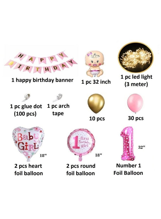 FI - FLICK IN FI - FLICK IN 50 pcs Happy 1st Birthday Decoration for Girls Led Light Decor Metallic Balloon Garland Kit Number 1 Foil First Birthday Decorations Girl Foil Balloons 1 Year Bday (Pack of 50, Pink)  - Image 2