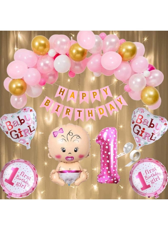 FI - FLICK IN FI - FLICK IN 50 pcs Happy 1st Birthday Decoration for Girls Led Light Decor Metallic Balloon Garland Kit Number 1 Foil First Birthday Decorations Girl Foil Balloons 1 Year Bday (Pack of 50, Pink)  - Image 1