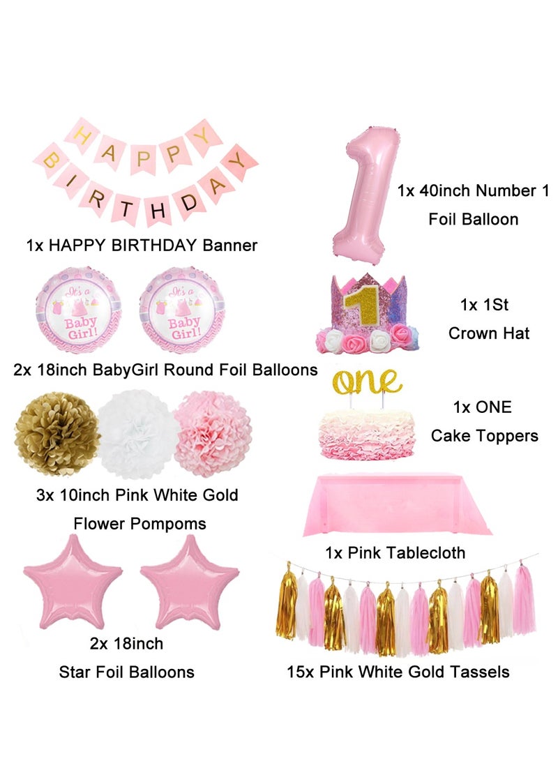 1st BIRTHDAY DECORATIONS for Girl Pink Theme Kit Set- Baby Girl One Birthday Party,Cake Topper Flower Crown Tiara Cap Headband Paper Tassel happy birthday Banner, Fiesta Pink Hanging Paper Fan Flower - Image 3