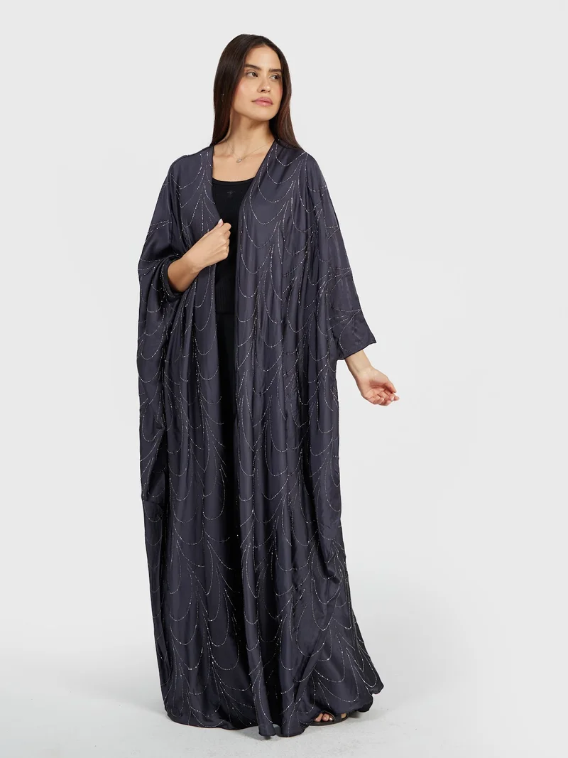 Reem Abayas Women's Charcoal Grey Draped Abaya with Silver Sequin Wave Pattern