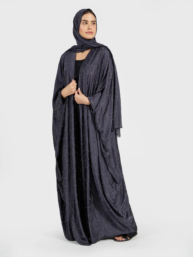 Women's Charcoal Grey Draped Abaya with Silver Sequin Wave Pattern