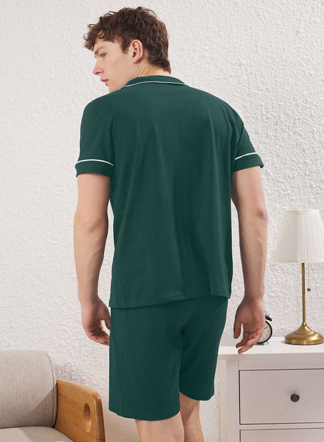 Trendyol Man Green Regular Fit Buttoned Piping Detail Knitted Pajama Set with Shorts - Image 4