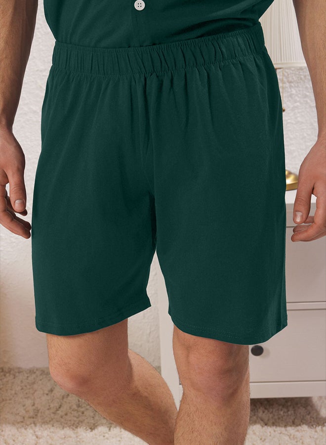 Trendyol Man Green Regular Fit Buttoned Piping Detail Knitted Pajama Set with Shorts - Image 3