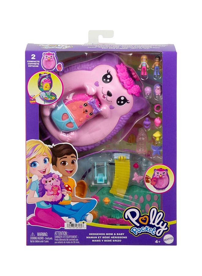 Polly Pocket Polly Pocket Hedgehog Mom and Baby Purse 2-in-1 Travel Playset (18 Pieces)  - Image 1