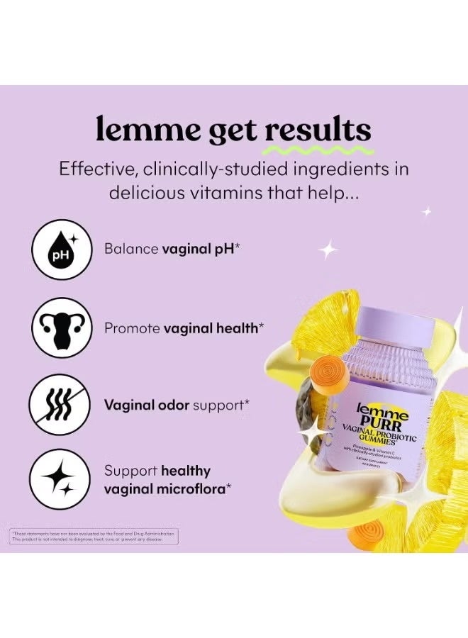ليمي  حلوى غومي بروبيوتيك نسائية Lemme Purr – لدعم توازن درجة الحموضة (pH) وصحة البكتيريا النافعة، ودعم توازن الفلورا والروائح الصحية، مع فيتامين C لدعم صحة المناعة، بنكهة الأناناس اللذيذة، 60 قطعة. - Image 2