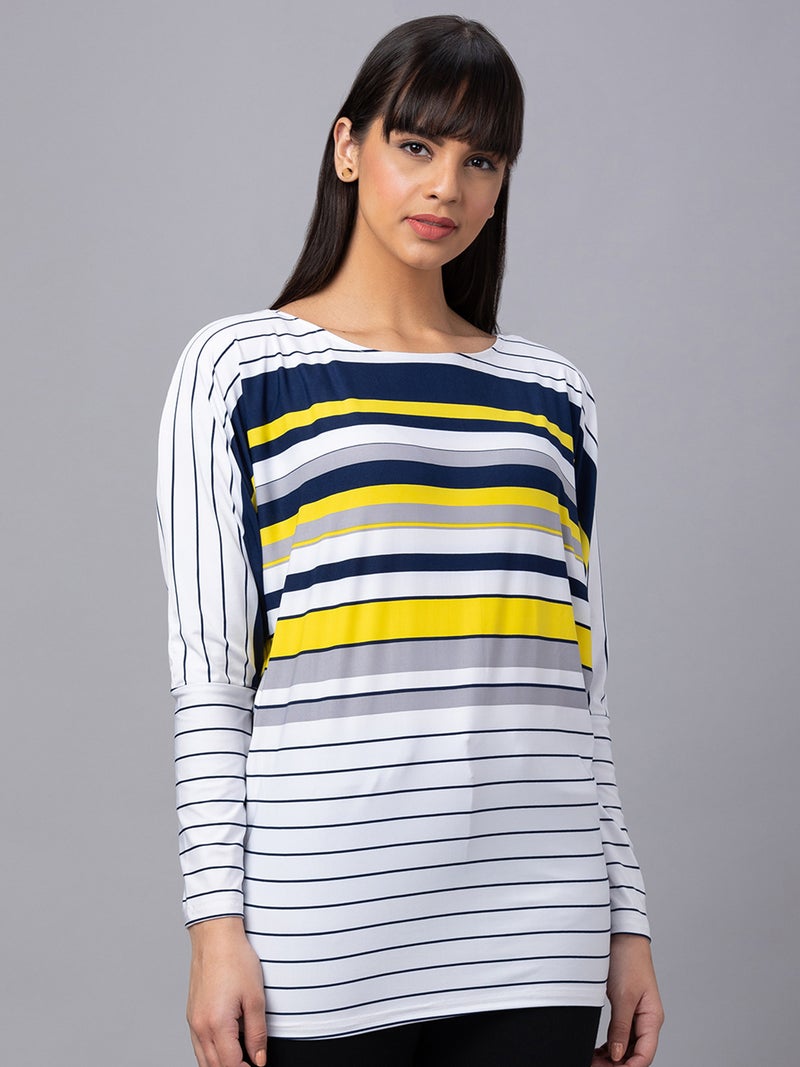 globus Globus Women White Striped Boat Neck Longline Top  - Image 1
