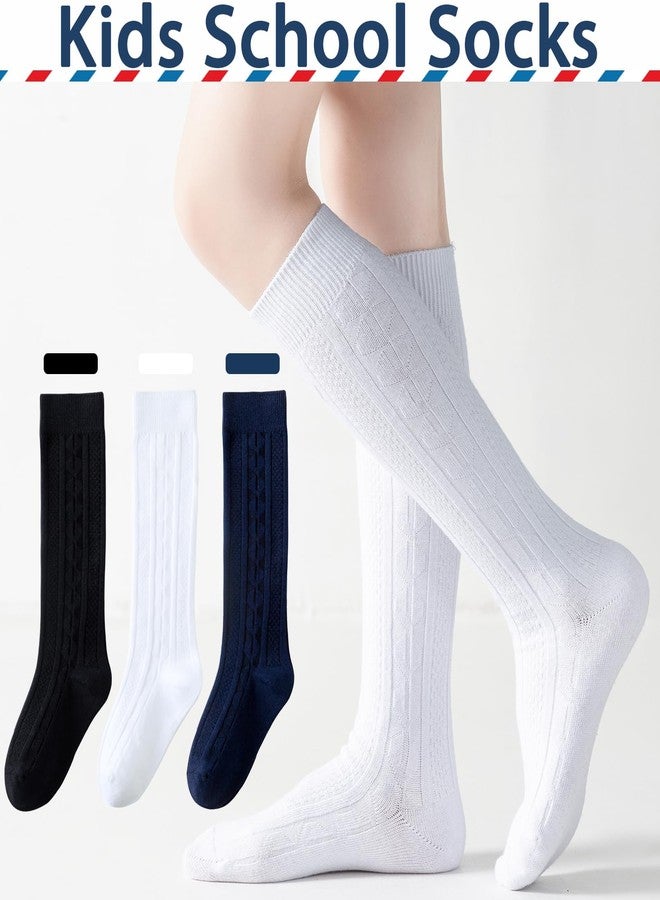 Mini angel Knee High Socks for Girls White Knee High Socks 5-7 Years Seamless Cable Knit Uniform Socks Cotton Long Socks Tube Socks Stockings Kids 3 Pack(White, M) - Image 2