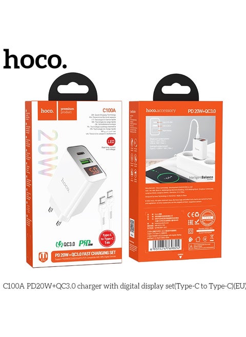 C100A Charger PD20W+QC3.0 with Digital Display Set Type-C to Type-C, EU Plug Fast Charging for Smartphones, Tablets - White