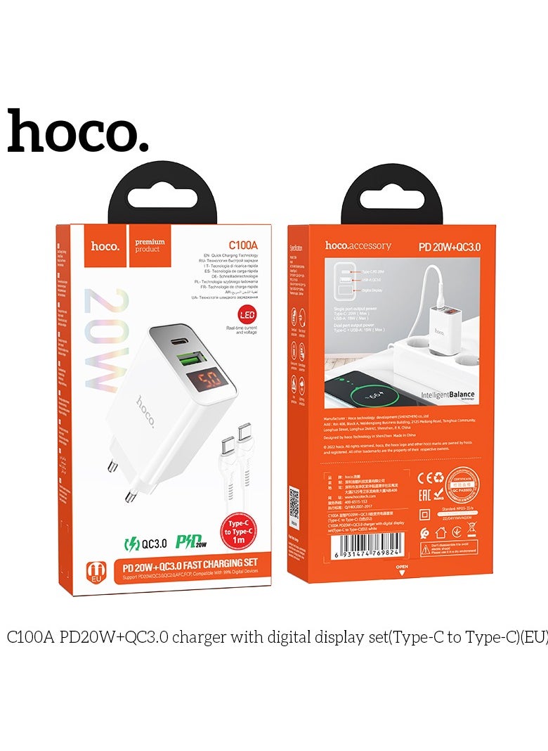 Hoco - C100A Charger PD20W+QC3.0 with Digital Display Set Type-C to Type-C, EU Plug Fast Charging for Smartphones, Tablets - White - Image 1