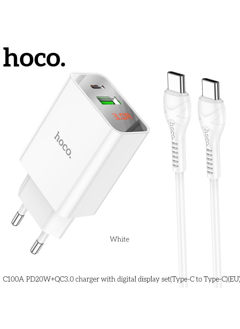 Hoco - C100A Charger PD20W+QC3.0 with Digital Display Set Type-C to Type-C, EU Plug Fast Charging for Smartphones, Tablets - White - Image 1