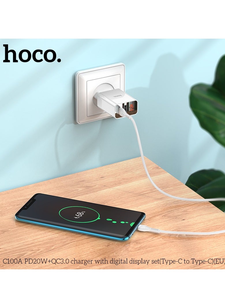 Hoco - C100A Charger PD20W+QC3.0 with Digital Display Set Type-C to Type-C, EU Plug Fast Charging for Smartphones, Tablets - White - Image 1