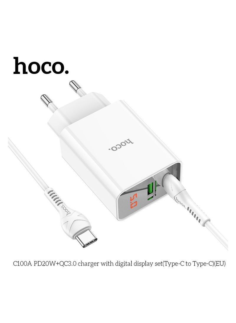 Hoco - C100A Charger PD20W+QC3.0 with Digital Display Set Type-C to Type-C, EU Plug Fast Charging for Smartphones, Tablets - White - Image 1