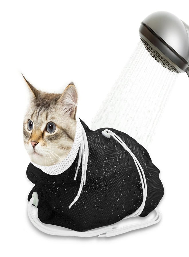 Catcan Cat Bathing Bag, Breathable Mesh Cat Shower Bag Anti Scratch Adjustable Cat Grooming Bag for Nail Trimming, Bathing Polyester Soft Cat Washing Bag (White- Black) - Image 1