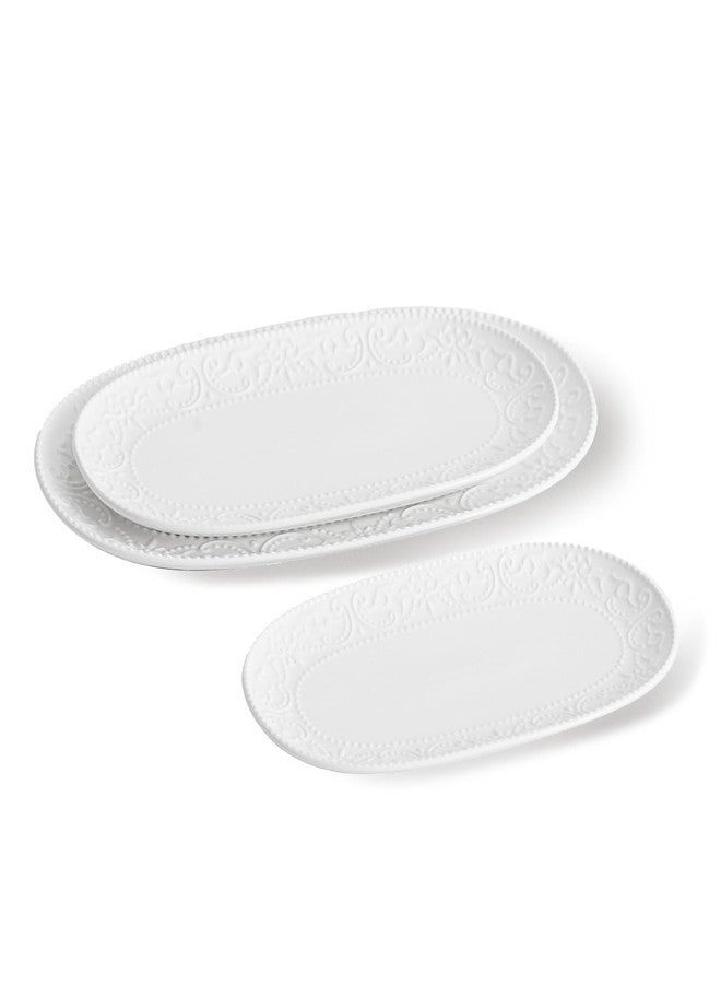 MVYAVYUS Oval Embossed Serving Platter Set, Stackable Serving Tray, Ceramics White Serving Platters for Entertaining, Serving Dishes for Wedding, Dishwasher & Oven Safe, Gift for Housewarming (3PCS) - Image 1