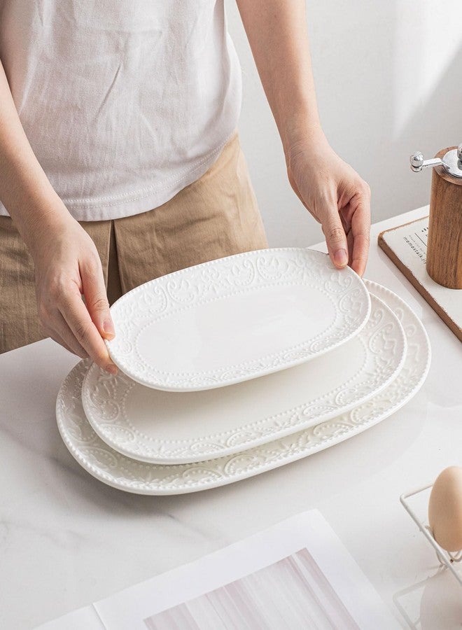 MVYAVYUS Oval Embossed Serving Platter Set, Stackable Serving Tray, Ceramics White Serving Platters for Entertaining, Serving Dishes for Wedding, Dishwasher & Oven Safe, Gift for Housewarming (3PCS) - Image 2