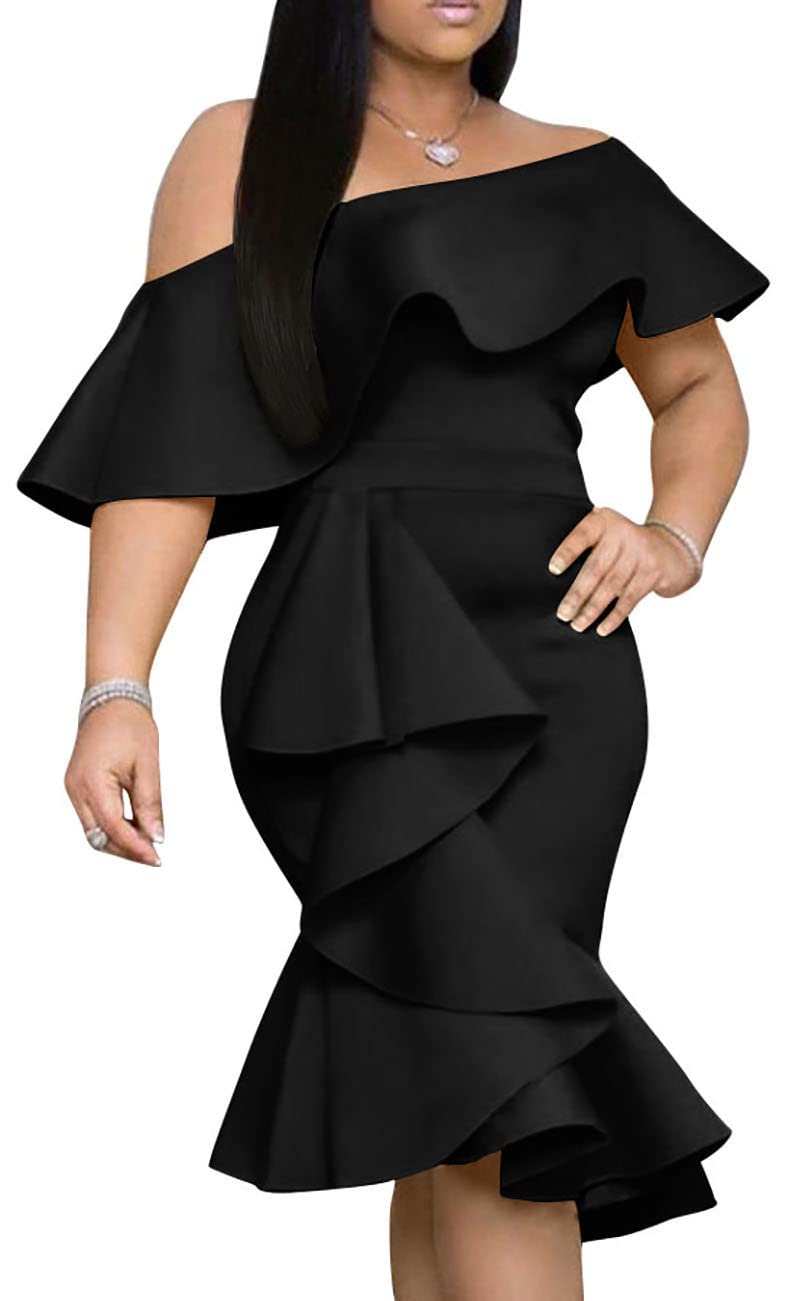 GOBLES Women's Elegant Off The Sholder Back Zipper Ruffles Bodycon Midi Cocktail Dress Black - Image 1